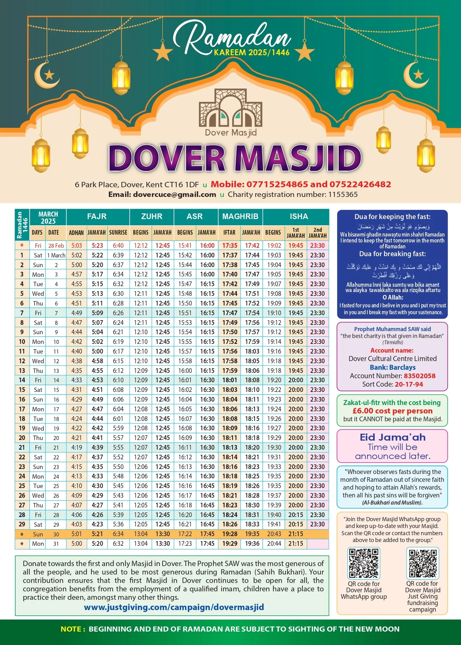 2025 Dover Prayer Timetable